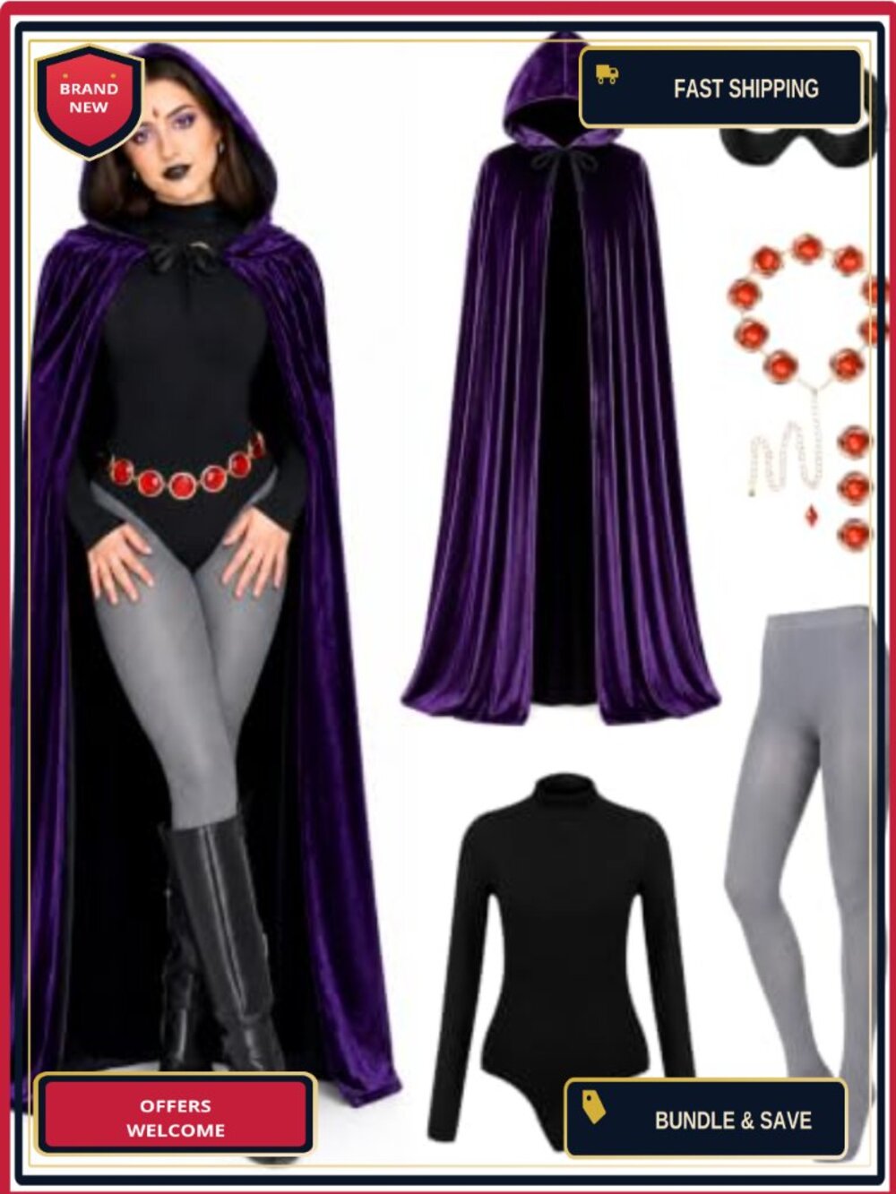 Raven Costume Set Velvet Hooded Cape Bodysuit Tights Cosplay
